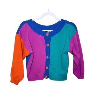 Vintage Boca Bleu Colorblock Knit Cardigan Sweater Colorful Funky Bright Women L